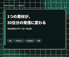 1素材を30日分に変えるGPTsを提供します メモ1つから30日分の発信へ。5体の専門AI