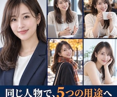 同じ人物でSNS用AI写真を制作します 顔の一貫性を重視し、衣装や背景を変えた5枚を制作