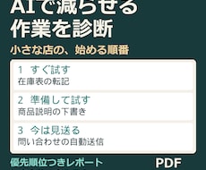AIで減らせる作業を診断しレポートにします 質問シートに答えるだけ。優先順位つきのPDFで