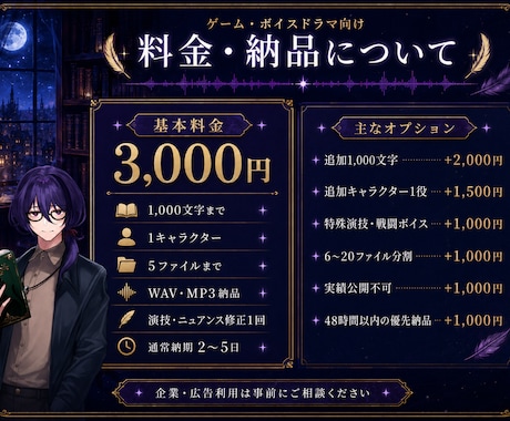 ゲーム・ボイスドラマ向けキャラボイスを収録します 青年・大人の男性を中心に、世界観に寄り添って演じます イメージ2