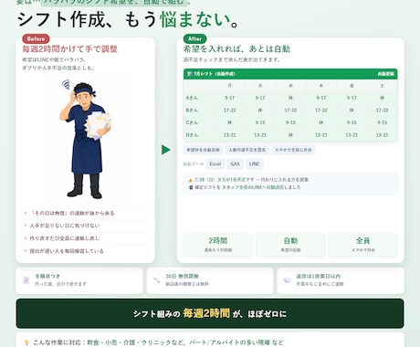 シフト表・当番表の自動作成ツールを作ります 希望集めから自動割り当てまで。毎月の作成が数分に イメージ1