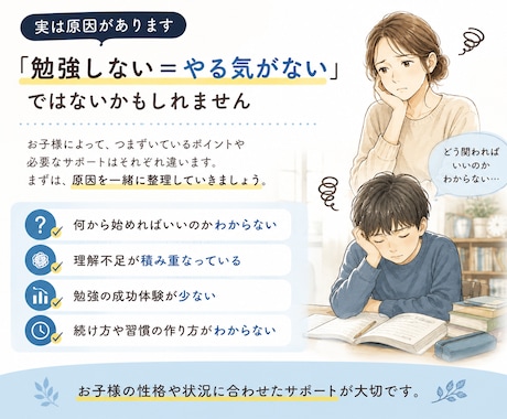 子どもが勉強しない…について保護者向学習相談します お子様に合った“続けられる勉強”を一緒に整理します イメージ2