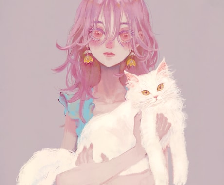 猫と女の子のイラスト描きます 落ち着いた優しい色使いの猫と女の子