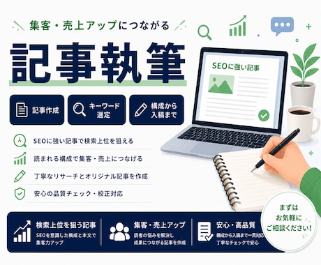 高品質な集客・売上アップにつながる記事を執筆します 経験豊富なプロにまるっとお任せ！ イメージ1