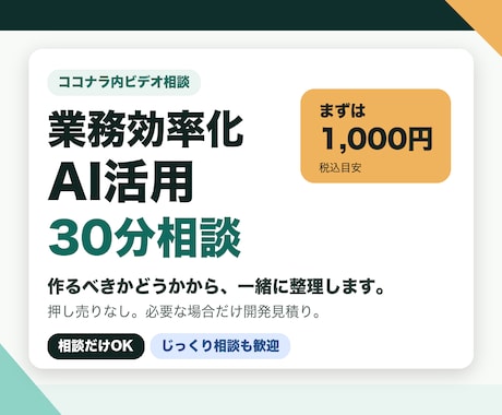 業務効率化・AI活用の相談に30分乗ります 作るべきかどうかから一緒に整理します。無理な提案はしません。 イメージ1