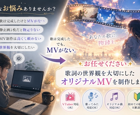オリジナルMV♥世界観を物語にするMV制作します 歌詞の世界観を大切にしたオリジナルMVを低コストで制作します イメージ2