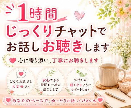 1時間、じっくりチャットでお話しお聴きします 話がまとまっていなくても大丈夫。安心してお話しください イメージ1
