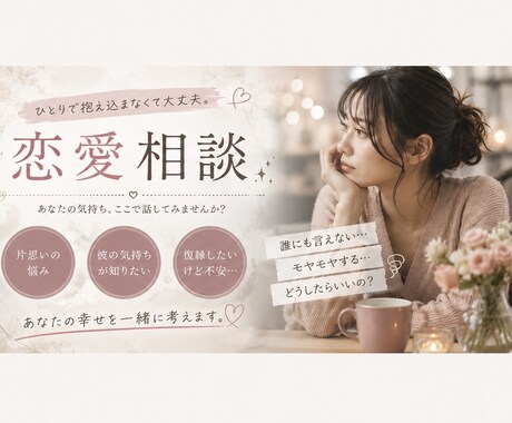 恋愛の悩み、ゆっくりお聞きします 話すだけでも、気持ちは少し軽くなる。 イメージ1