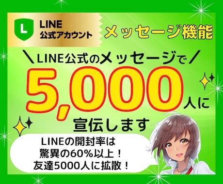 LINE公式のメッセージで5,000人に宣伝します LINEの開封率は驚異の60％以上！友だち5000人に拡散！ イメージ1