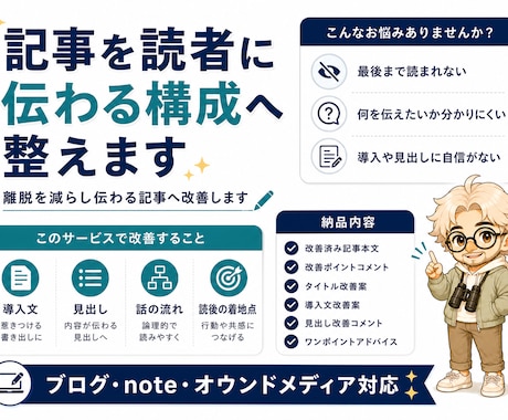 記事を読者に伝わる構成へ整えます 離脱を減らし伝わる記事へ改善します イメージ1