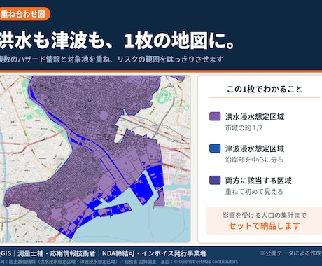 ハザード情報を重ねた防災リスク図を作成します 洪水・津波・土砂を1枚に｜影響人口の集計まで対応 イメージ1
