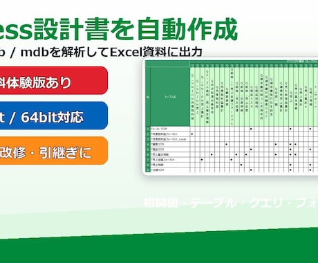 既存Accessシステムの設計書を作成します 既存ACCDB/MDBをExcel資料化 イメージ1