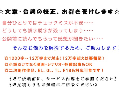 小説・漫画などの下読み（校正作業を中心に）します 誤字脱字、表記揺れなど、自分のチェックだけでは不安な方へ！ イメージ2