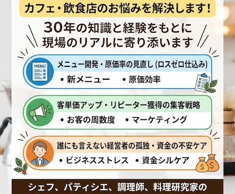 カフェ・飲食店のお悩み解決します ３０年の知識と経験をもとに現場のリアルに寄り添います イメージ1
