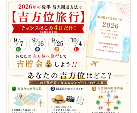 9月に来る今年最大の開運旅行の吉方位を伝えます 間違えて凶方位へ行かないように！あなたの吉方位へ旅行しよう！ イメージ1