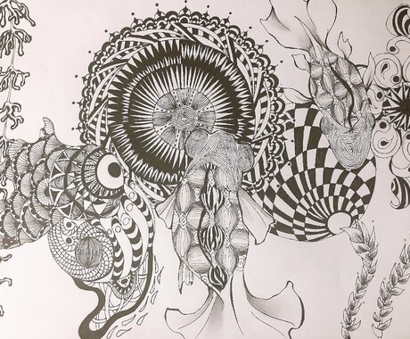 不思議な世界を描きます ゼンタングルを用いた白黒イラストです