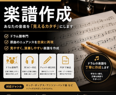 楽譜の作成承ります 希望に沿ったドラム譜を丁寧に作成します！ イメージ1