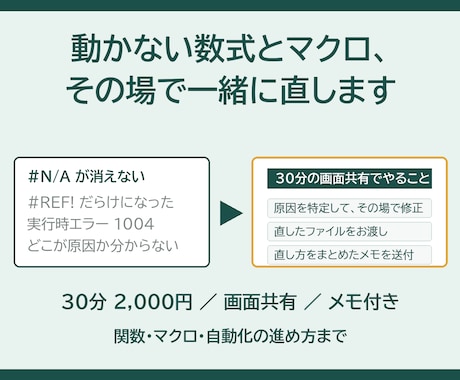 Excel関数・マクロの詰まりを画面共有で直します エラーで止まった数式やマクロを、その場で見ながら直します イメージ1