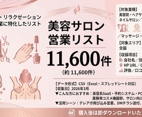美容系営業リスト11600件|全国CSV提供します 美容院・エステ・ネイル全国リスト即使用可 イメージ1