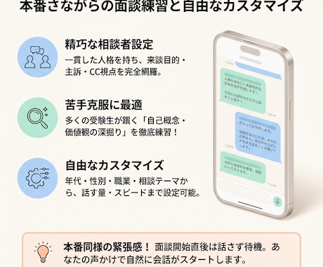 国キャリ実技面談｜相談者役ロープレAI提供します 主訴、自己概念のゆらぎ、経験の作り込みで実践的なロープレ練習 イメージ2