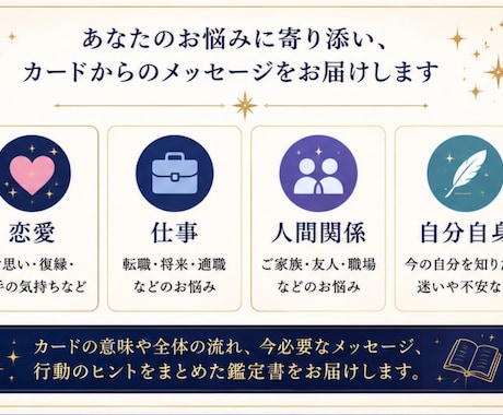恋愛・仕事・相手の気持ちをタロットで鑑定します カードから届くメッセージを、ひとつひとつ丁寧に紐解きます。 イメージ2