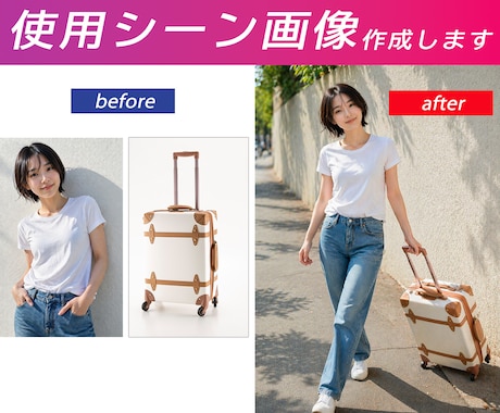 使用シーン画像を作成します 商品写真と使用イメージだけで使用シーン画像を作成します イメージ1