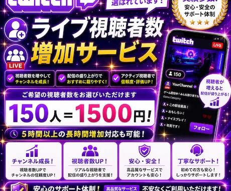 Twitchライブ視聴者を1時間150人増やします 長時間持続して増加させるオプション購入者には割引有り！！ イメージ2