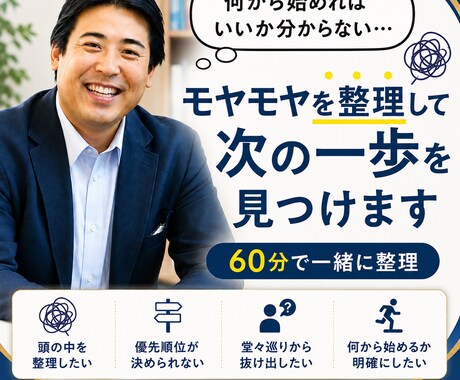 考えを整理し、何から始めたらいいかを明確にします 60分で一緒にモヤモヤを整理し、何から始めるかを明確にします イメージ1