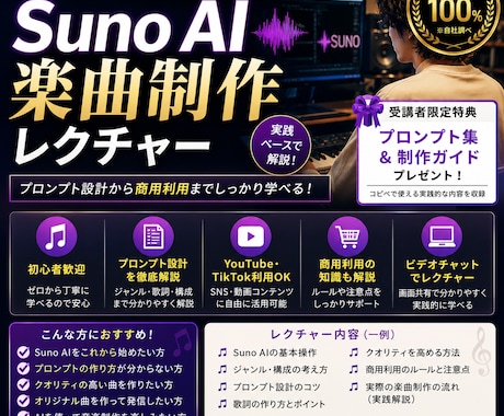 初心者歓迎_Suno AIでプロ楽曲制作を教えます プロンプト設計から商用利用まで、実践ベースでレクチャー イメージ1
