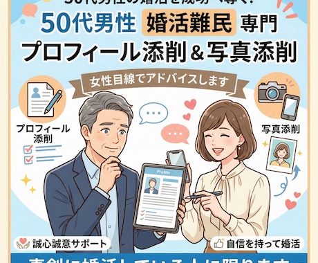 50代男性専門/女性目線でプロフ＆写真添削します 真剣に婚活している方限定。女性目線のアドバイスで魅力引き出し イメージ1
