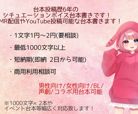 シチュエーションボイスのシナリオ書きます 1文字1円〜で何文字でもOK！シチュボの台本書きます。 イメージ1