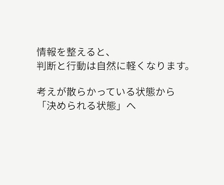 思考を整理し、迷いのない判断軸を見つけます 考えすぎて決められない方のための思考整理です。 イメージ1