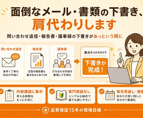 面倒なメール・書類の下書き、肩代わりします 問い合わせ返信・報告書・議事録の下書きがあっという間に イメージ1