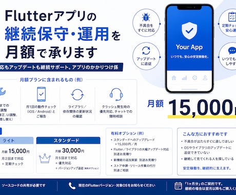 Flutterアプリの継続保守・運用を承ります バグ対応もアップデートも継続サポート。アプリのかかりつけ係 イメージ1