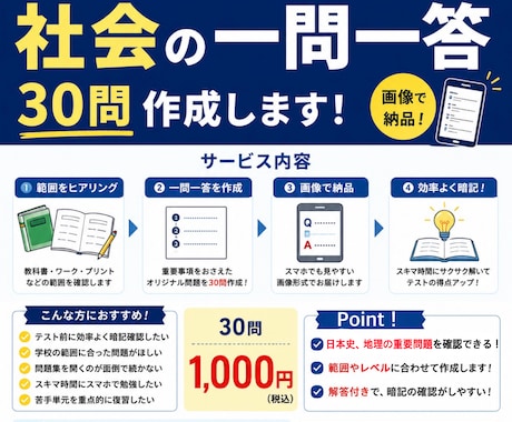 定期テスト向け 日本史・地理の一問一答作成します 重要な問題を厳選、あなた専用のテスト対策プリント作ります！ イメージ1