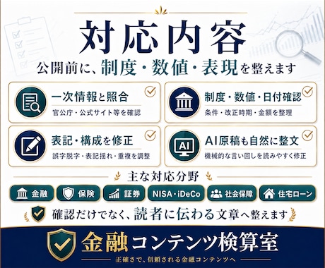 金融記事を一次情報で確認・修正します 金融実務経験をもとに制度・数値・AI原稿を公開前確認 イメージ2