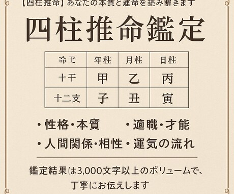 四柱推命鑑定・あなたの本質と運命を読み解きます 性格・相性・運気・適職、、四柱推命で宿命を丁寧に読み解きます イメージ2