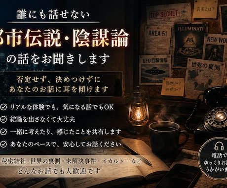 都市伝説・陰謀論のお話をじっくりお聞きします 否定も断定もせず、気になる説や考えを共有します イメージ1