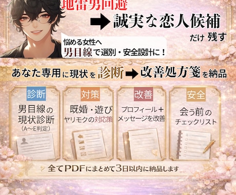 男目線で地雷男を回避し真剣な出会いに整えます 経験診断×処方箋で恋愛のズレを整理します イメージ2