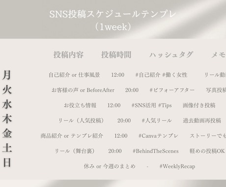 SNS投稿スケジュールテンプレを販売してます 1週間分の投稿が迷わず決まるテンプレです イメージ1