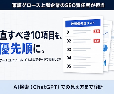 上場企業SEO責任者がサイトを実測診断します 実データで現状を可視化し、直すべき10項目を優先順にお渡し イメージ1