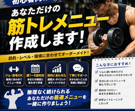 あなた専用の筋トレメニューを作ります 初心者向けに目的や週の頻度に合わせて作成 イメージ1