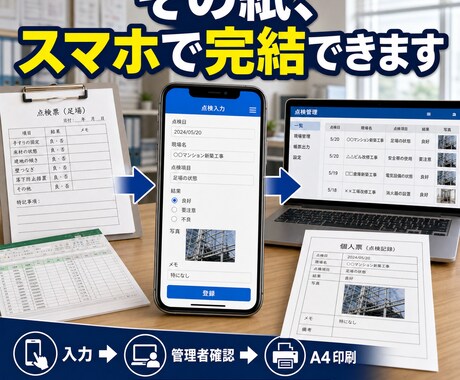 紙・Excel業務をスマホ化します 入力・管理者確認・A4印刷まで1業務から試作します イメージ2