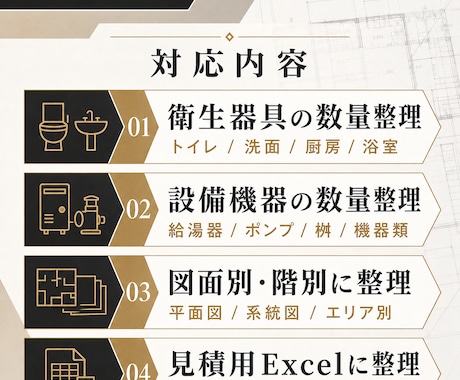 給排水衛生設備の器具数量・見積用数量を整理します 照明・コンセント・弱電をExcelで見積用に整理 イメージ2