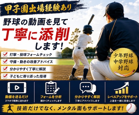 甲子園出場経験を活かし丁寧に動画添削します 親御さんからの相談も大歓迎です。一人ひとりに合わせて指導。 イメージ1