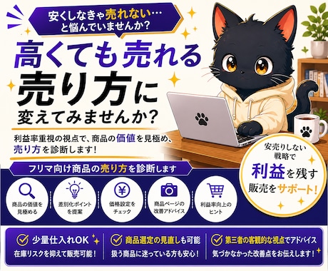 メルカリ・他フリマ商品の売り方を診断します 価格競争に疲れた方へ。安売りせず利益率重視の視点で診断 イメージ1