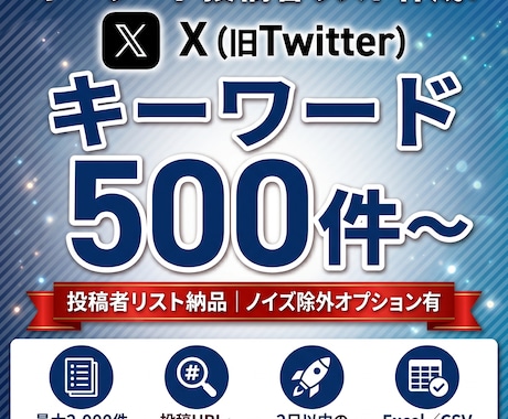 Xの指定キーワード投稿者リストを作成します キーワード投稿者を重複排除・9項目で一覧化｜500件〜 イメージ1