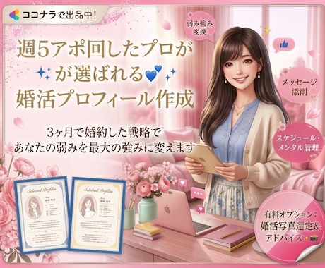 週5アポした私が選ばれるプロフィールを作成します ３ヶ月で婚約した戦略であなたの弱みを最大の強みに変えます イメージ1