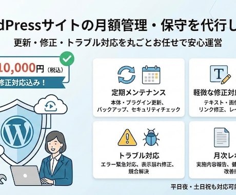 WordPressサイトの月額管理保守を代行します 更新・修正・トラブル対応を丸ごとお任せで安心運営 イメージ1