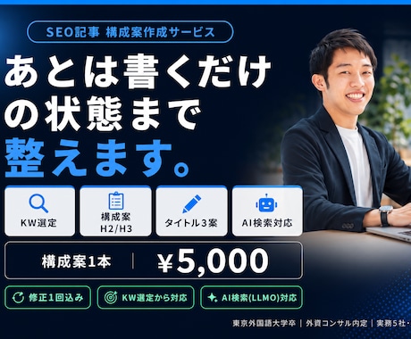 プロがSEO記事の構成案|あとは書くだけにします 検索+AI指名(AIO)両方に強い構成をKW選定から作ります イメージ1